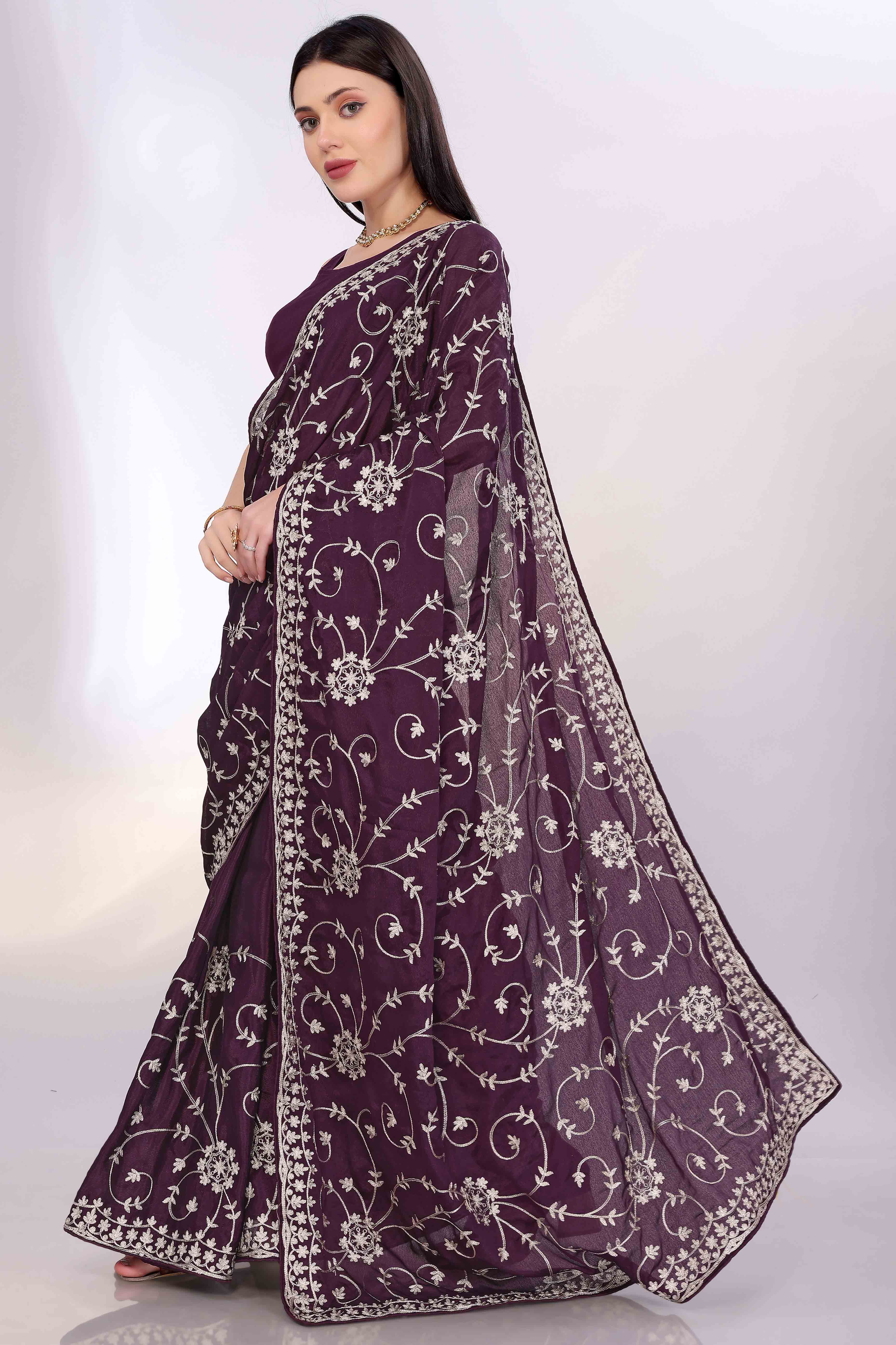 Wine Chinon Silk Saree Adorned With Fine Floral Thread Work