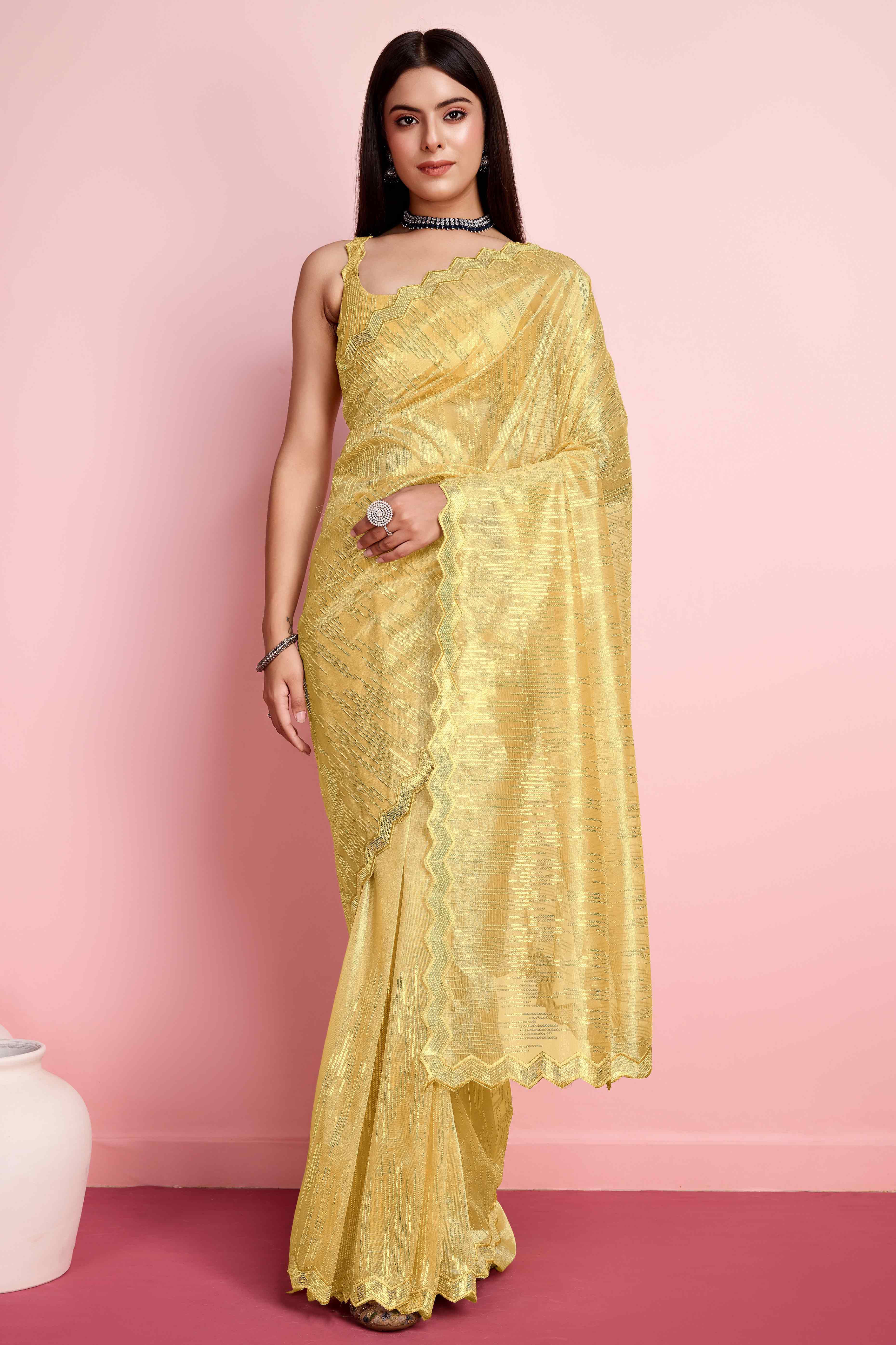Yellow Sequins Embroidered Silver Twill Net Saree