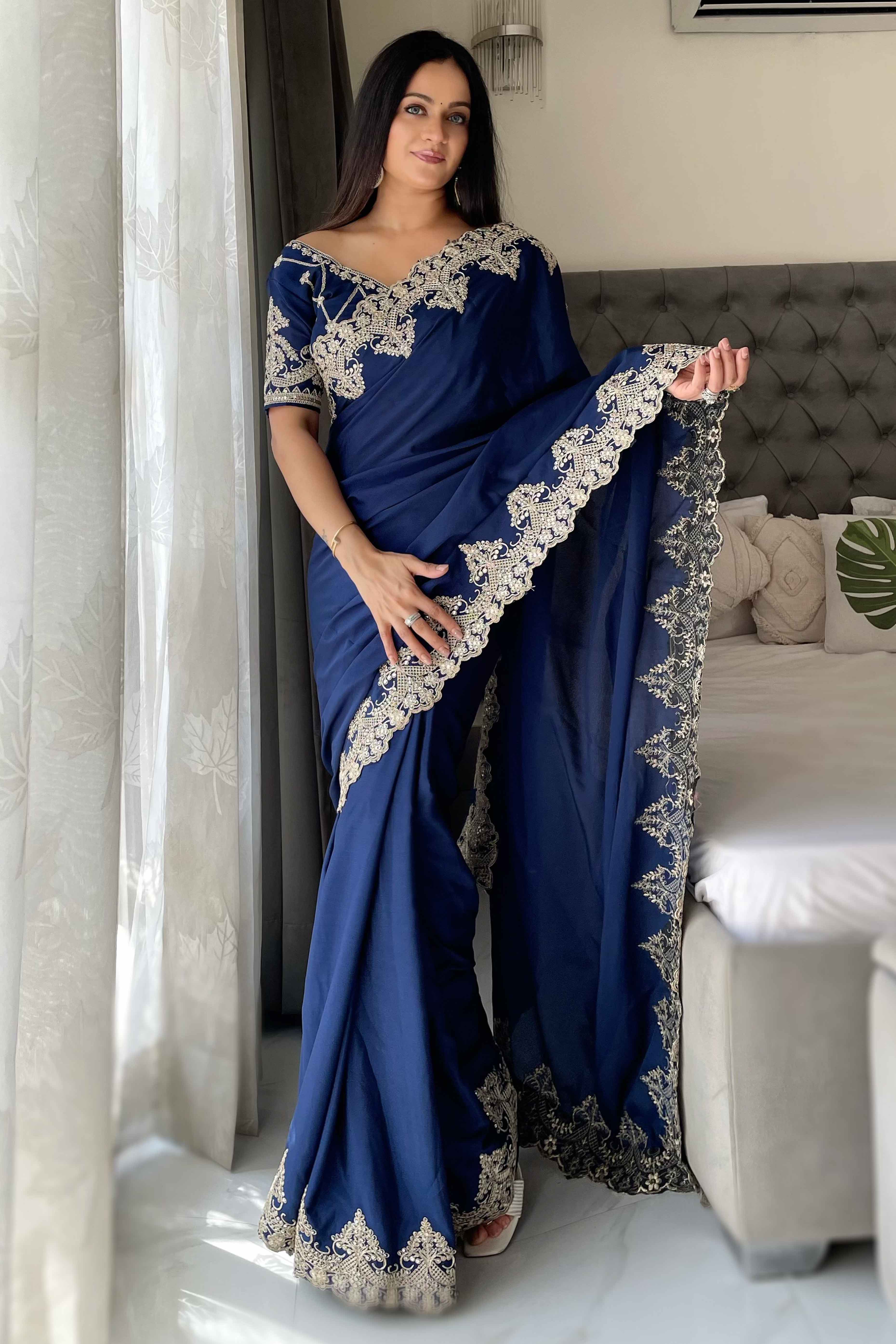 Navy Blue Chinon Silk Blend Saree With Intricate Sequins & Cording Embroidery