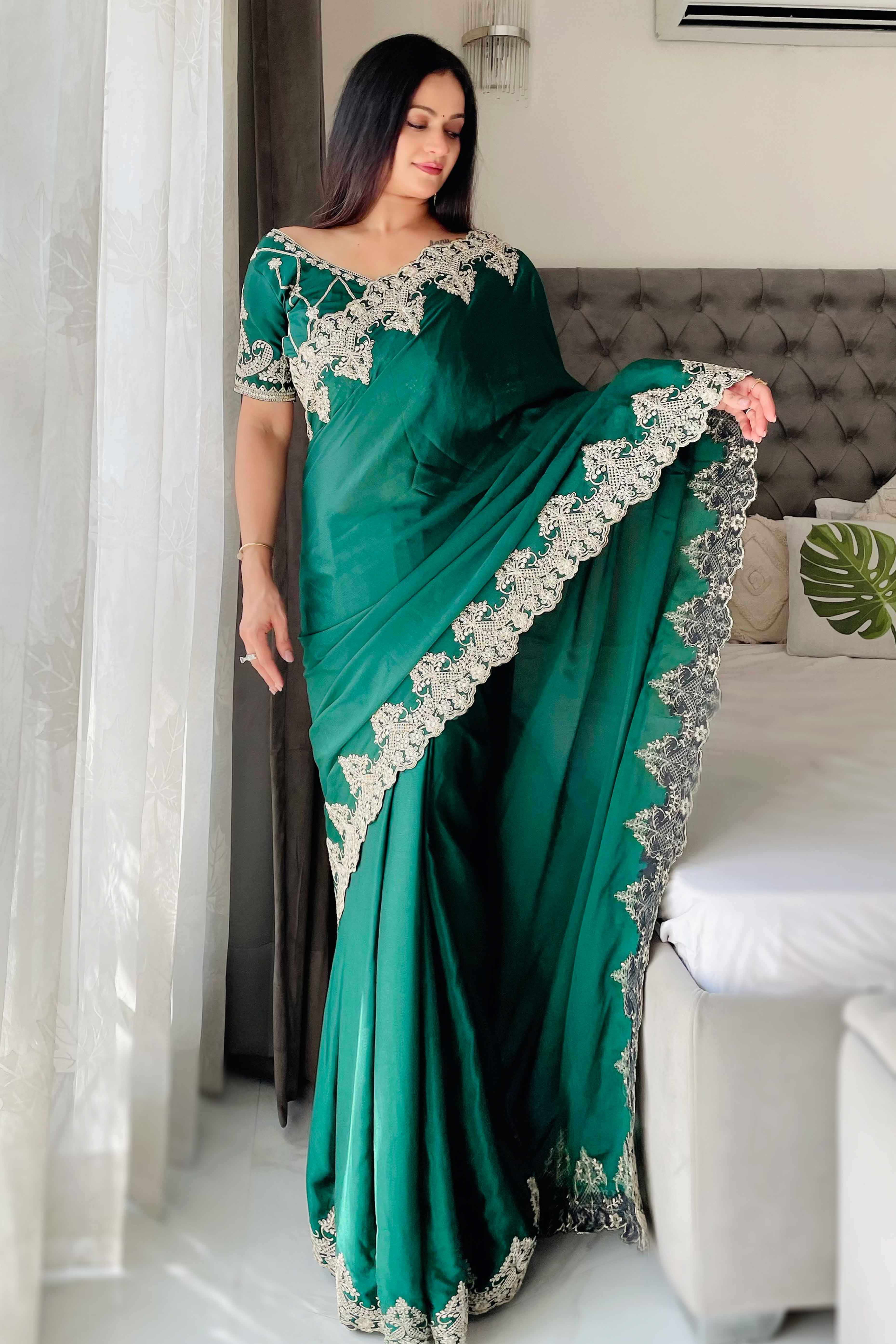 Green Chinon Silk Blend Saree With Intricate Sequins & Cording Embroidery