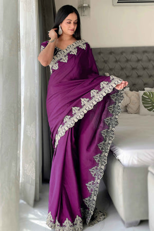 Wine Chinon Silk Blend Saree With Intricate Sequins & Cording Embroidery