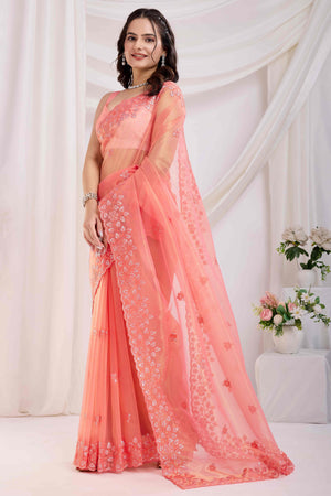 Peach Twill Net Saree Embellished With Sequin Floral Embroidery