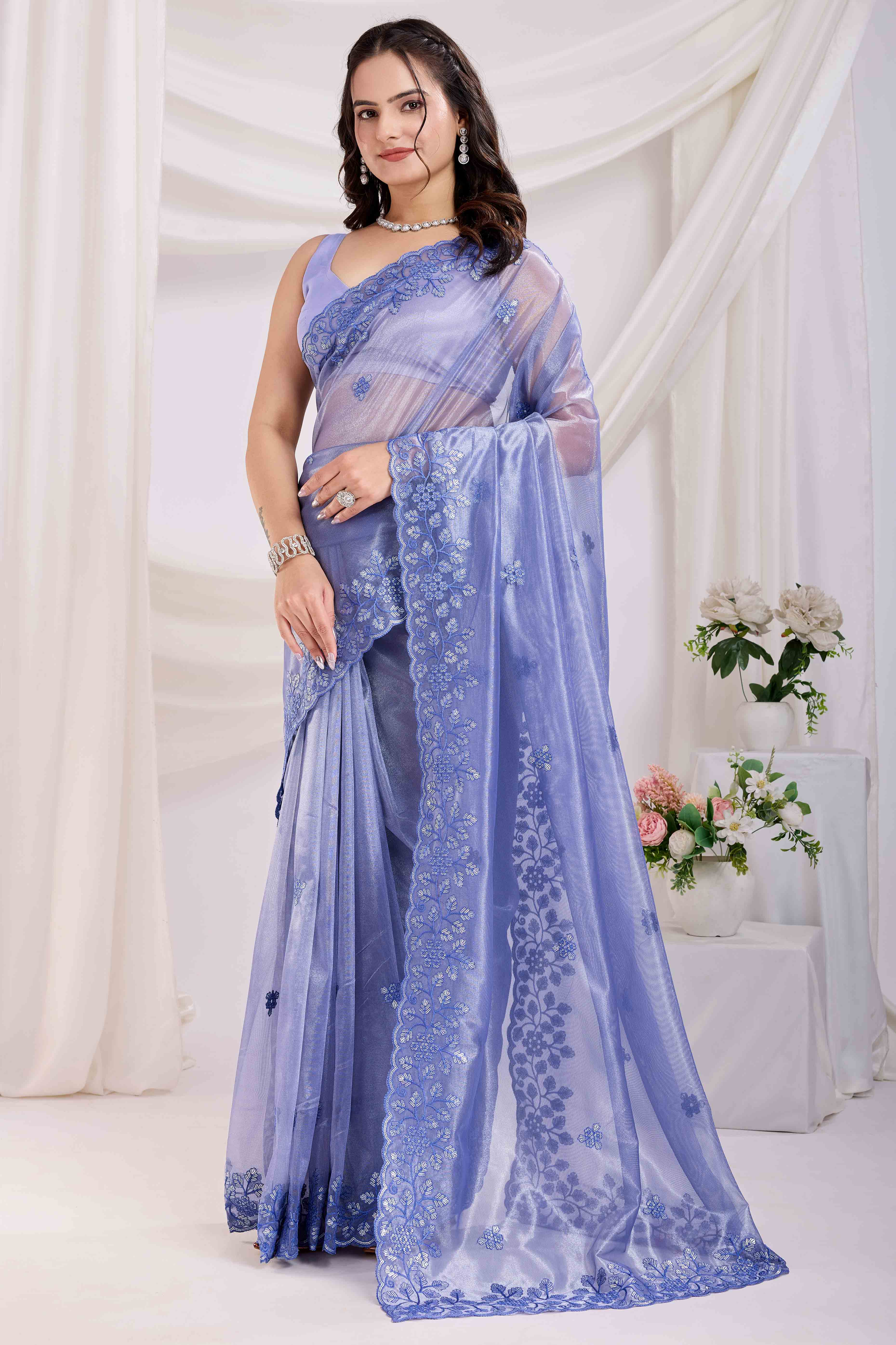 Periwinkle Blue Twill Net Saree Embellished With Sequin Floral Embroidery