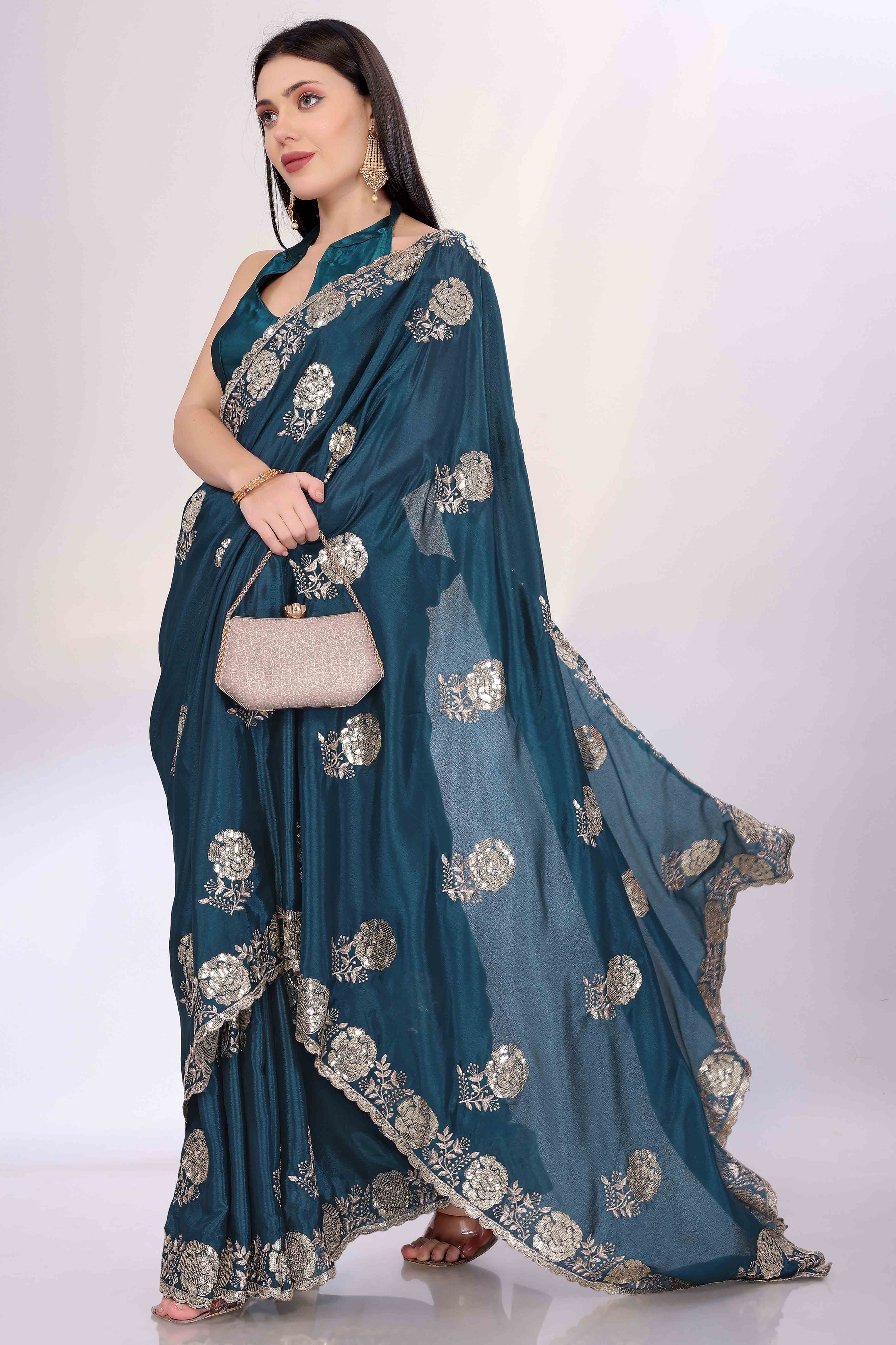 Teal Saree Featuring Intricate Floral Embroidery With Sequins On Chinon Silk