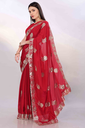 Cherry Red Saree Featuring Intricate Floral Embroidery With Sequins On Chinon Silk