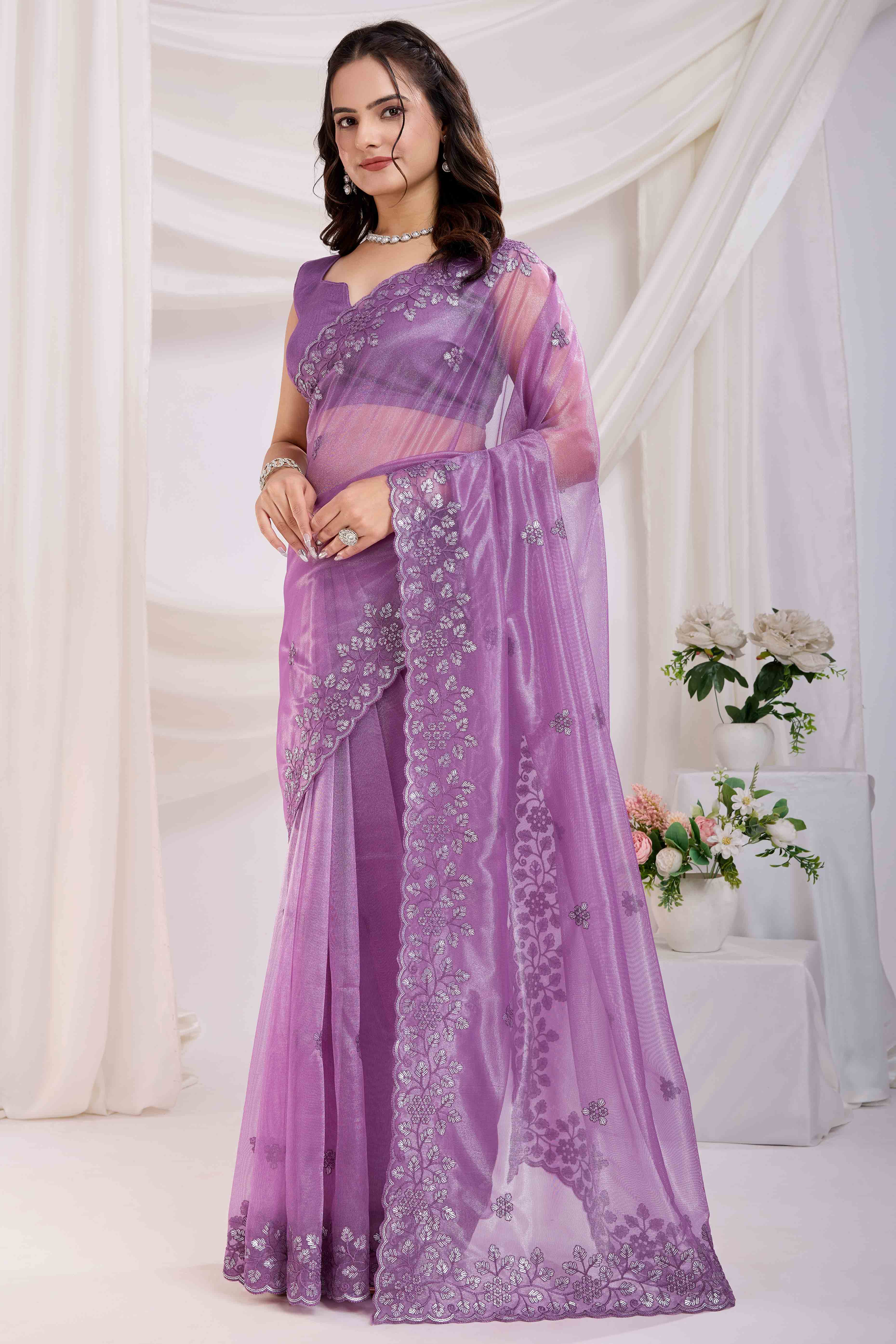 Purple Floral Sequins Embroidered Twill Net Saree