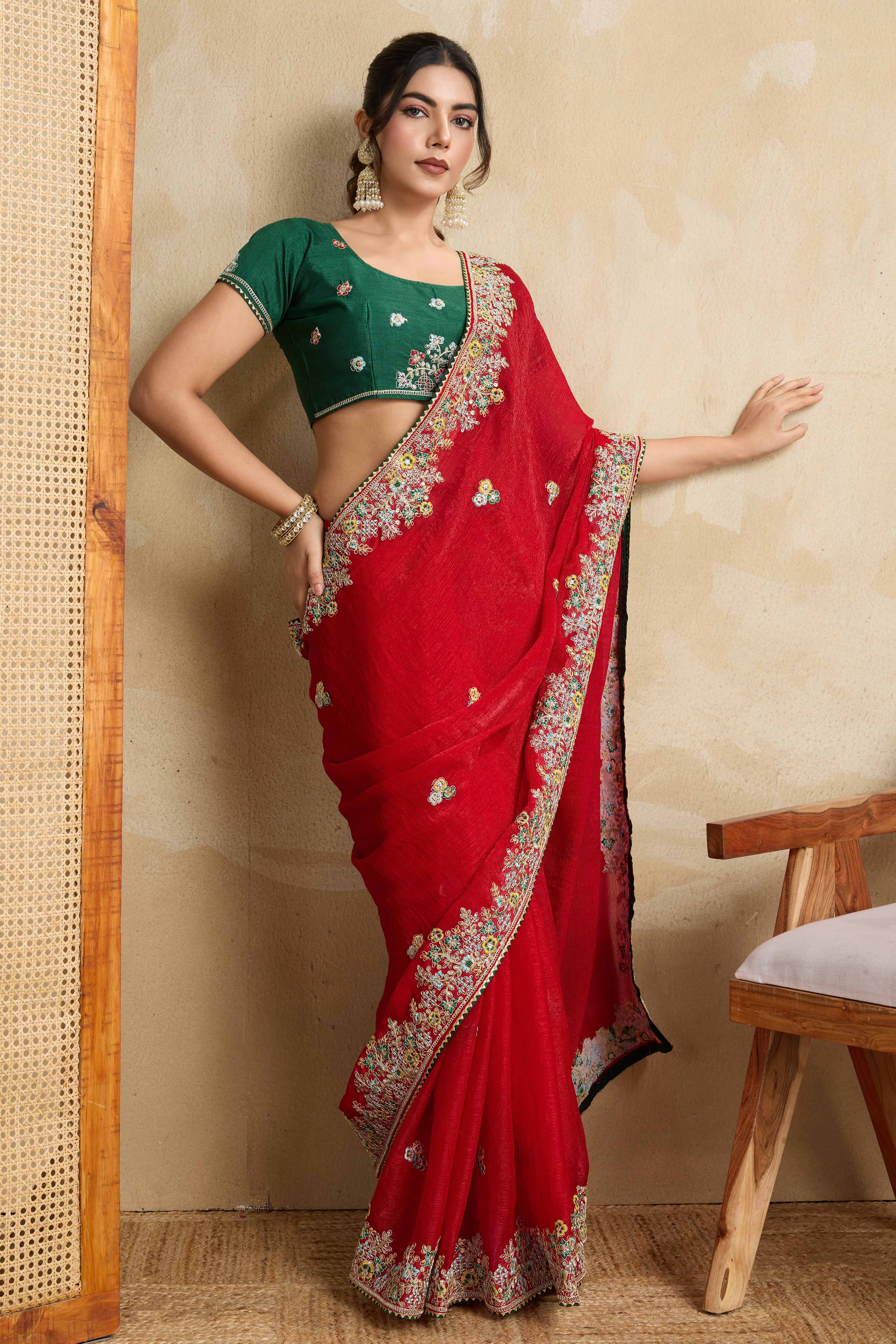 Luxe Frendy Chiffon Saree in Bold Red with Delicate Floral Embroidery