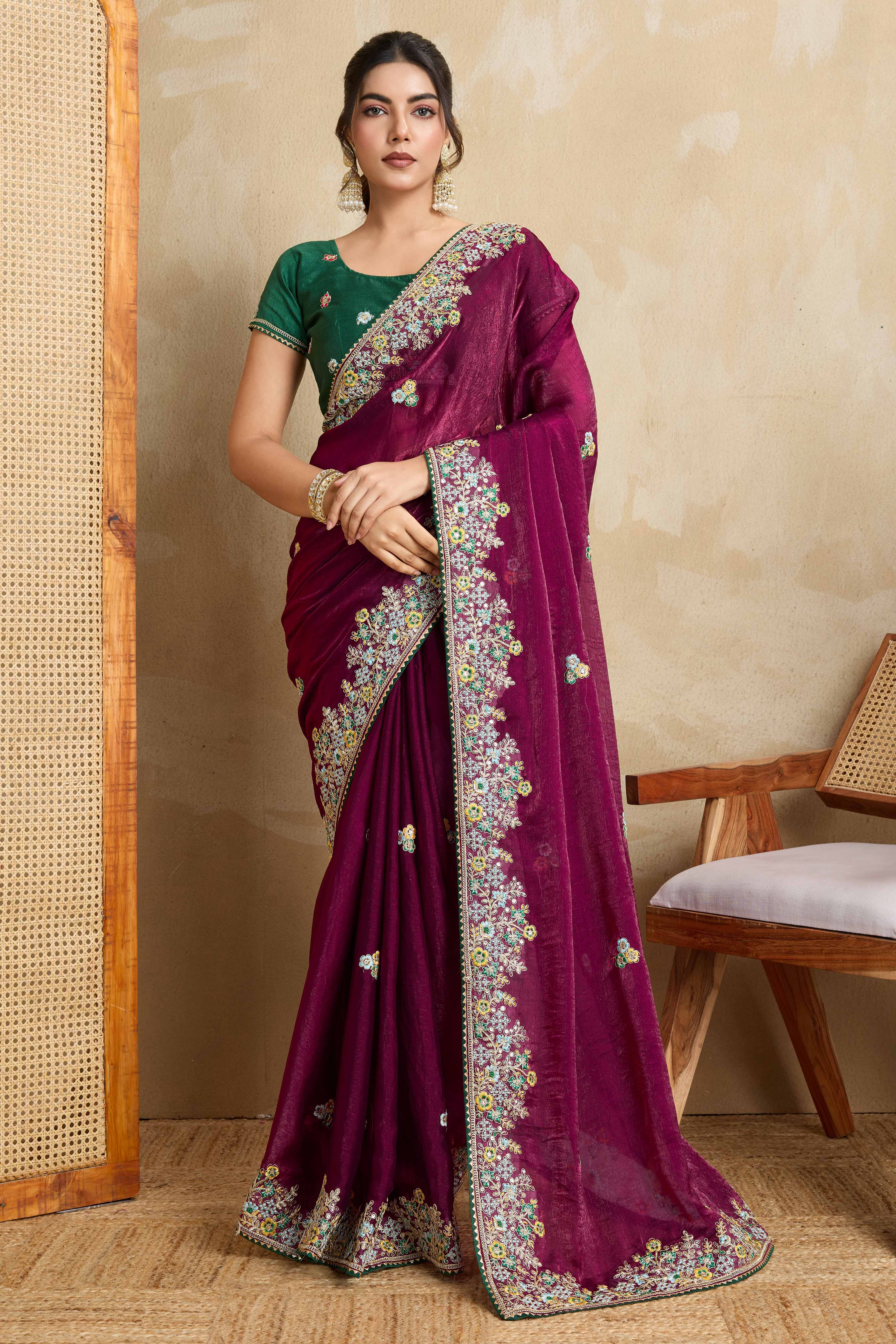 Luxe Frendy Chiffon Saree in Bold Plum Purple with Delicate Floral Embroidery