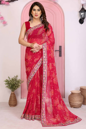 Pink Georgette Saree with Traditional Bandhani Print and Lace Accents