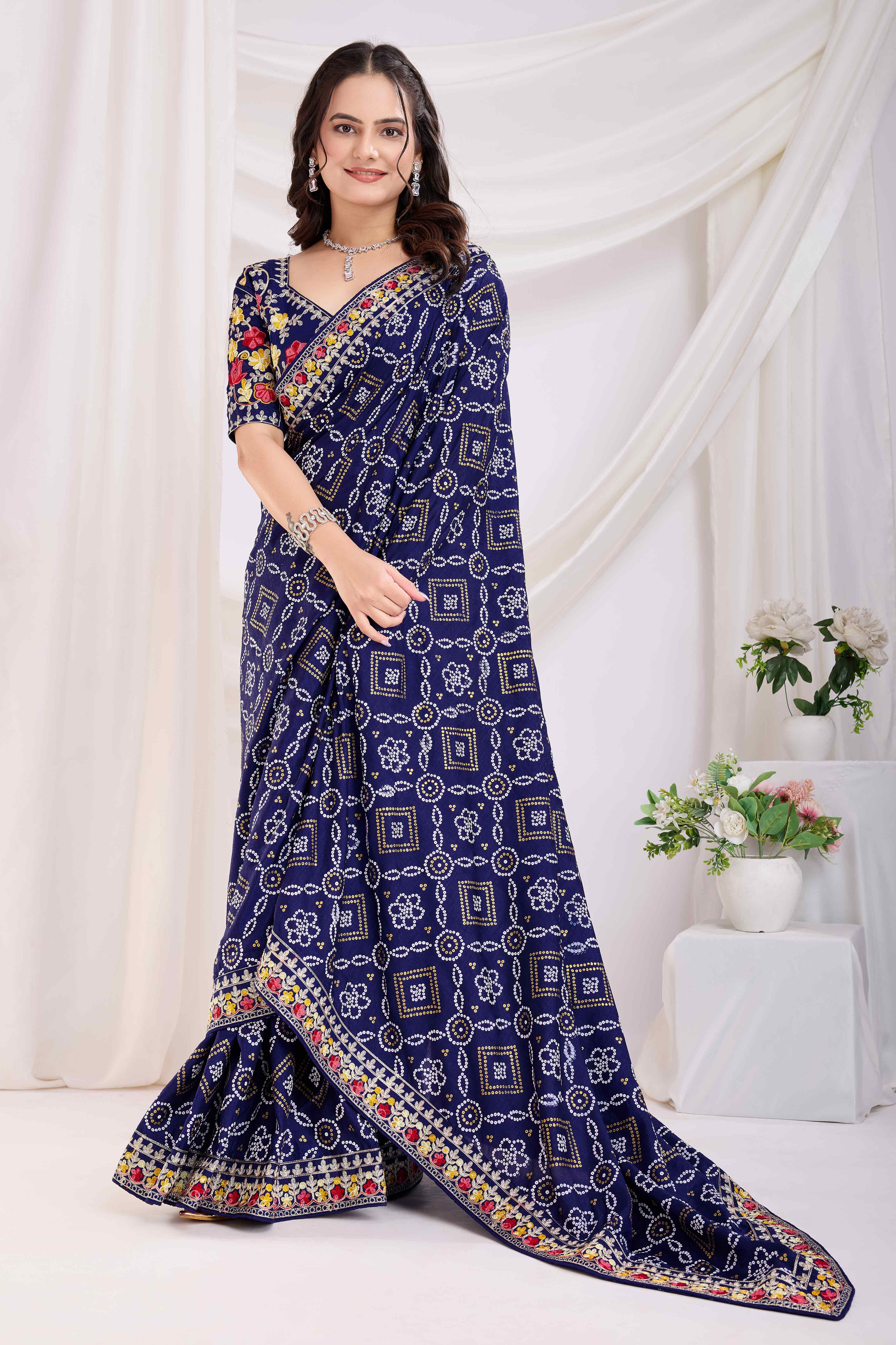 Navy Blue Bandhani Printed Vichitra Silk Saree With Embroidery Border