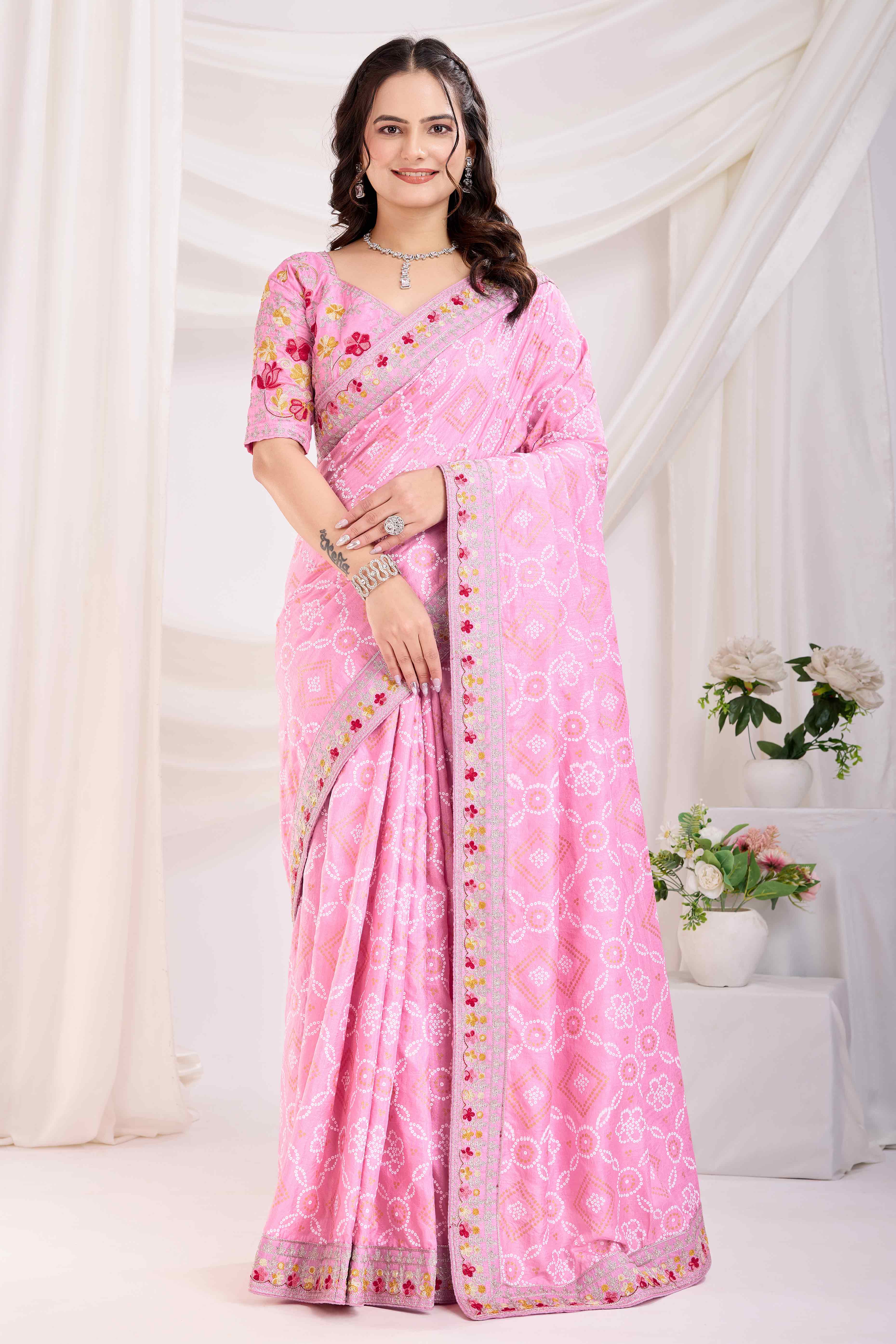 Pink Bandhani Printed Vichitra Silk Saree With Embroidery Border
