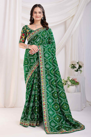 Green Bandhani Printed Vichitra Silk Saree With Embroidery Border