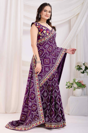 Wine Bandhani Printed Vichitra Silk Saree With Embroidery Border