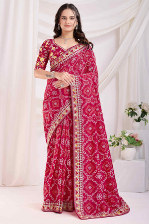 Cherry Red Bandhani Printed Vichitra Silk Saree With Embroidery Border