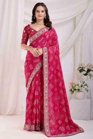 Rani Pink Bandhani Printed With Embroidered Border Vichitra Silk Saree