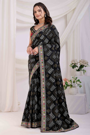 Black Bandhani Printed With Embroidered Border Vichitra Silk Saree
