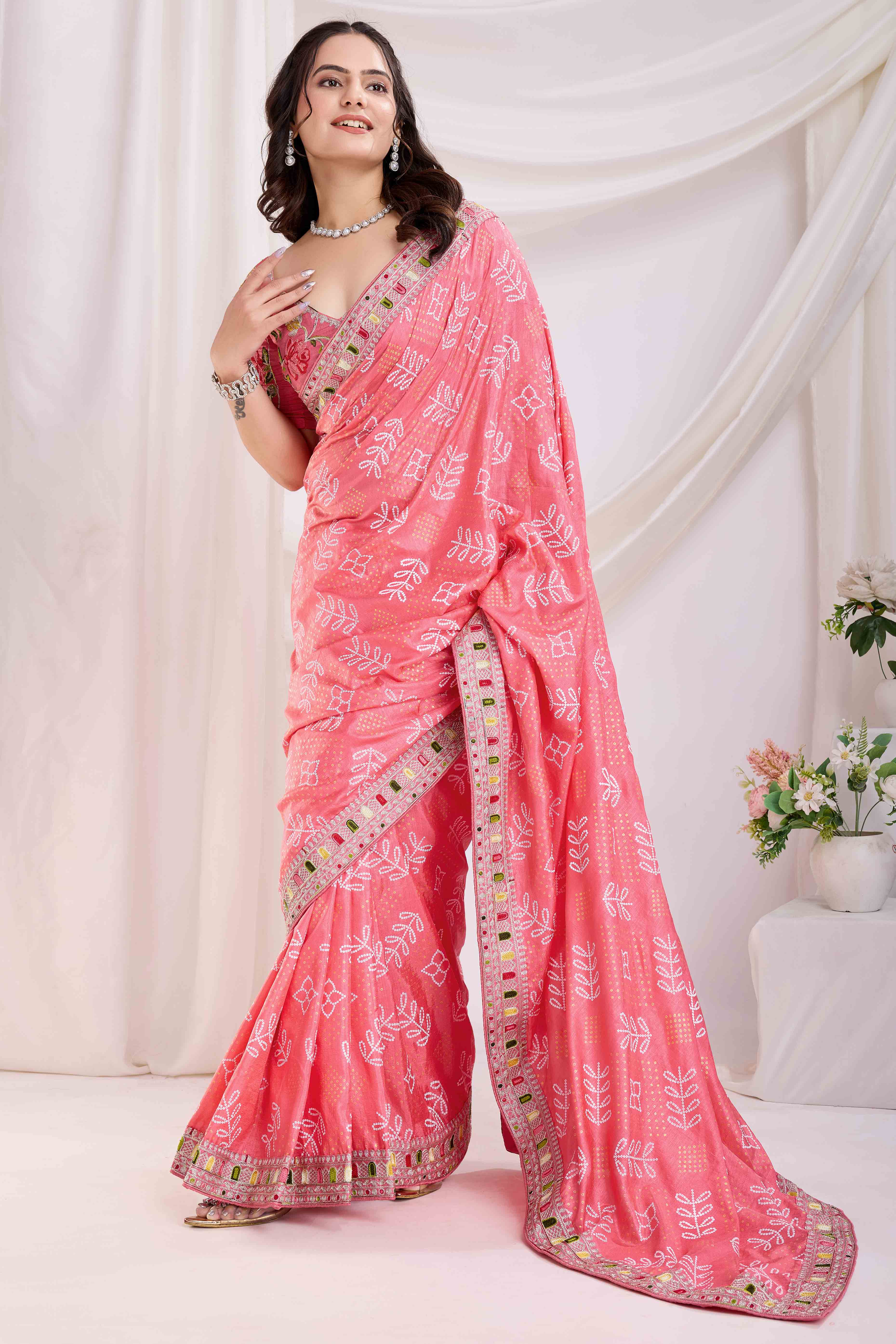 Pink Bandhani Printed With Embroidered Border Vichitra Silk Saree