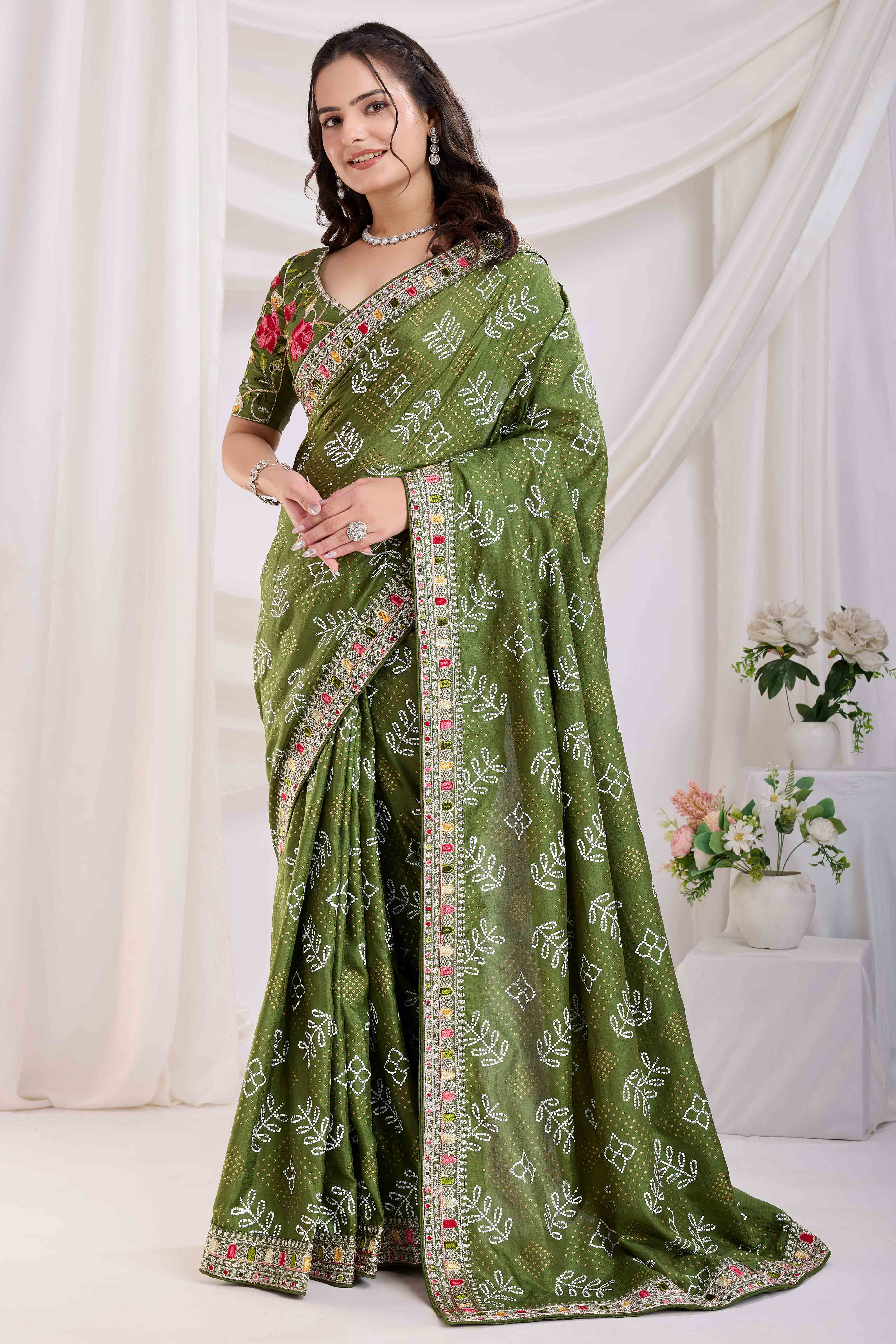 Green Bandhani Printed With Embroidered Border Vichitra Silk Saree