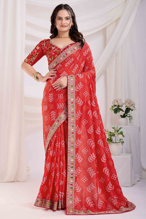 Red Bandhani Printed With Embroidered Border Vichitra Silk Saree