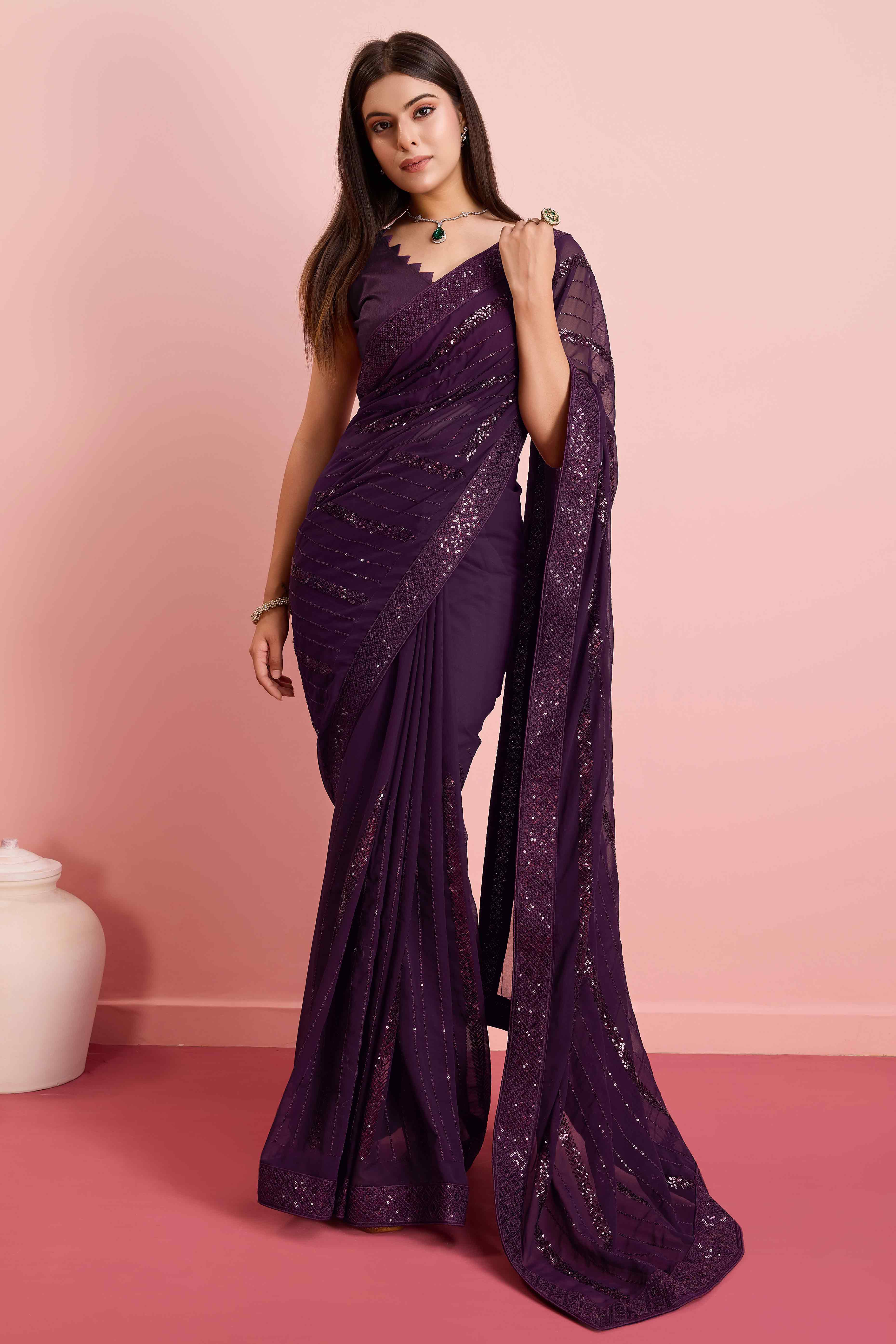 Wine Sequins Embroidered Georgette Saree