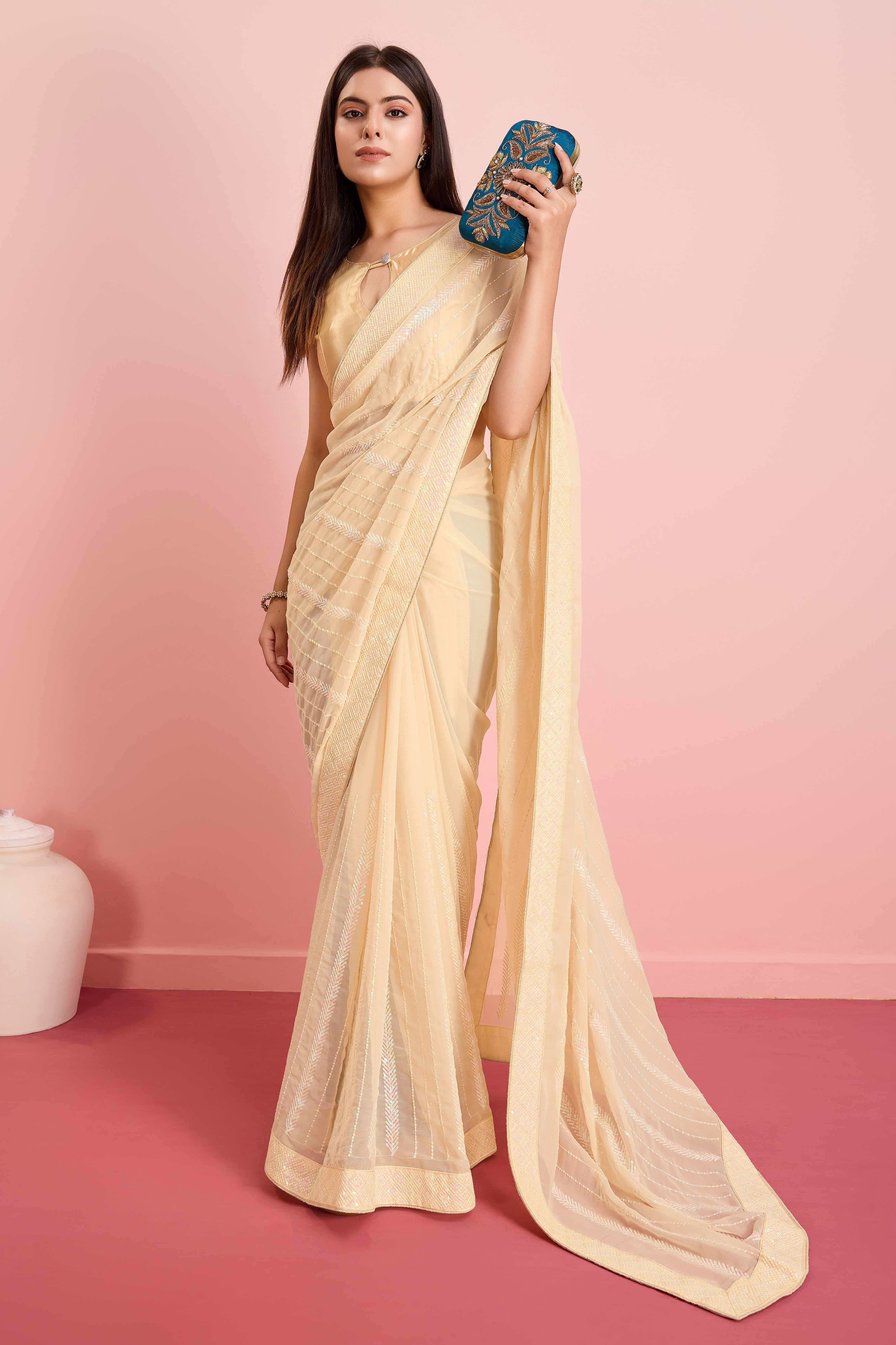 Cream Sequins Embroidered Georgette Saree