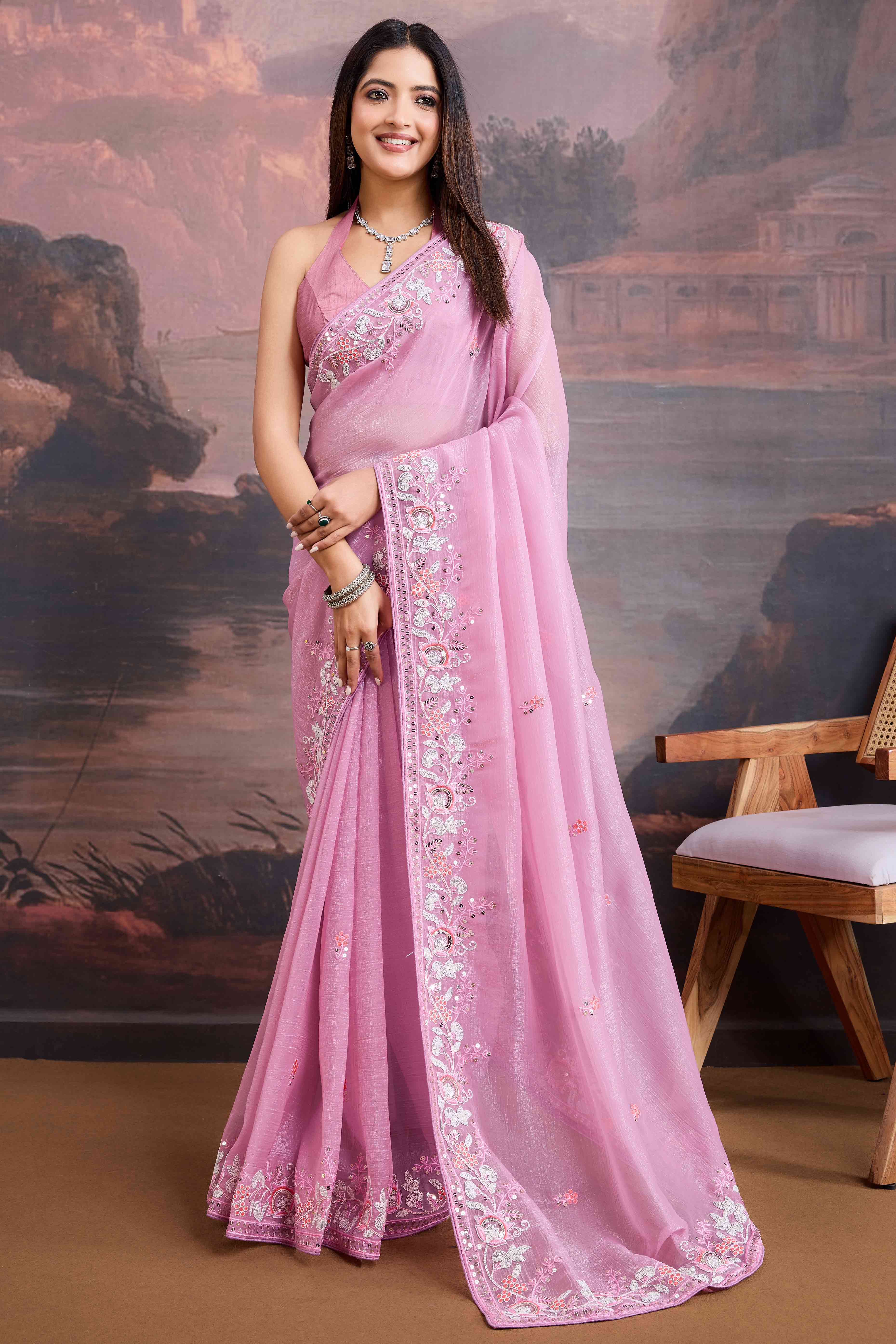 Pink Floral Sequins Embroidered Organza Saree
