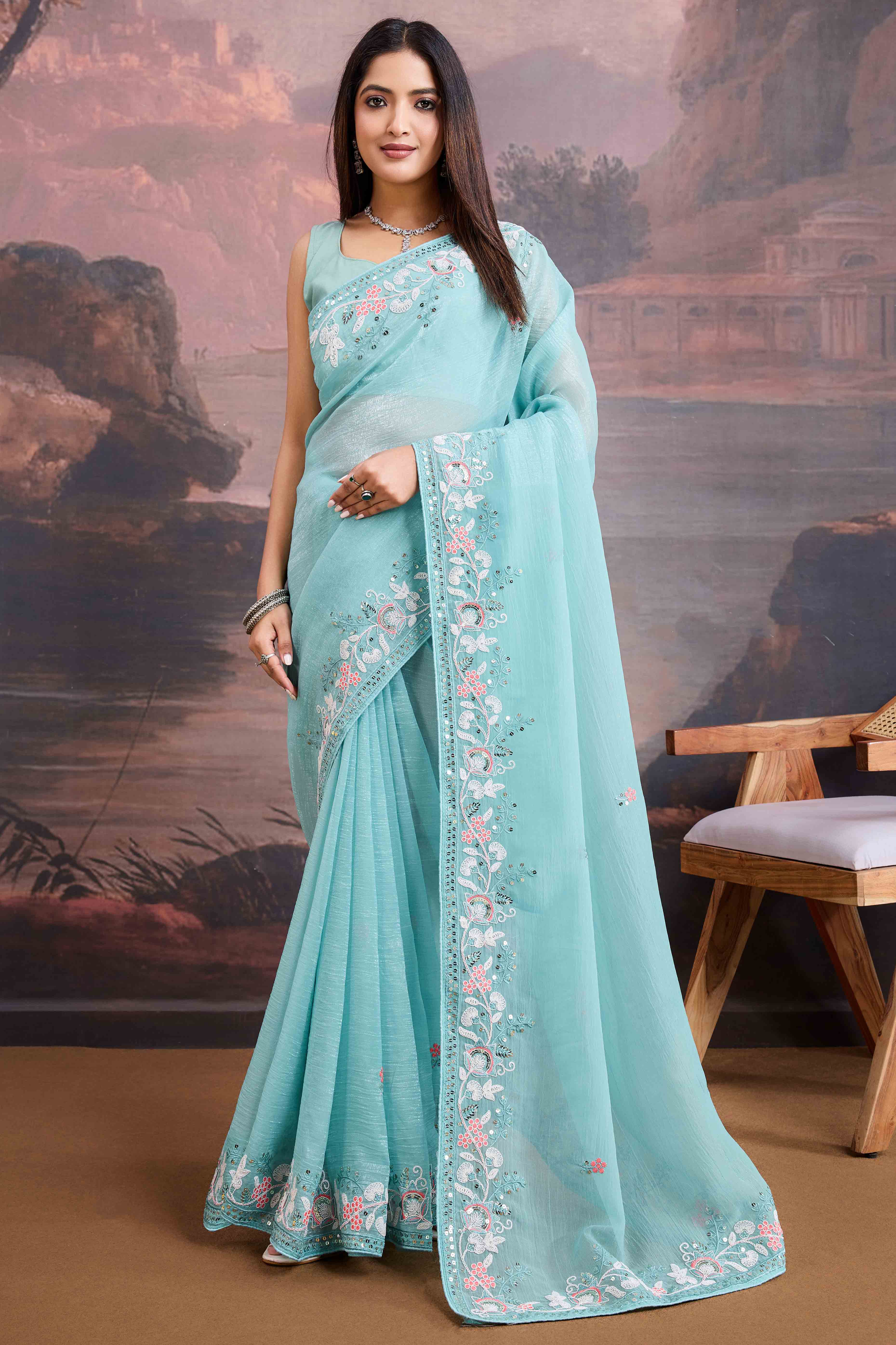 Blue Floral Sequins Embroidered Organza Saree