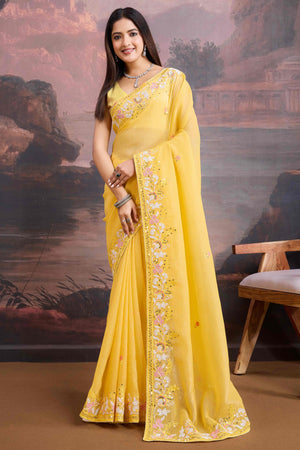 Yellow Floral Sequins Embroidered Organza Saree
