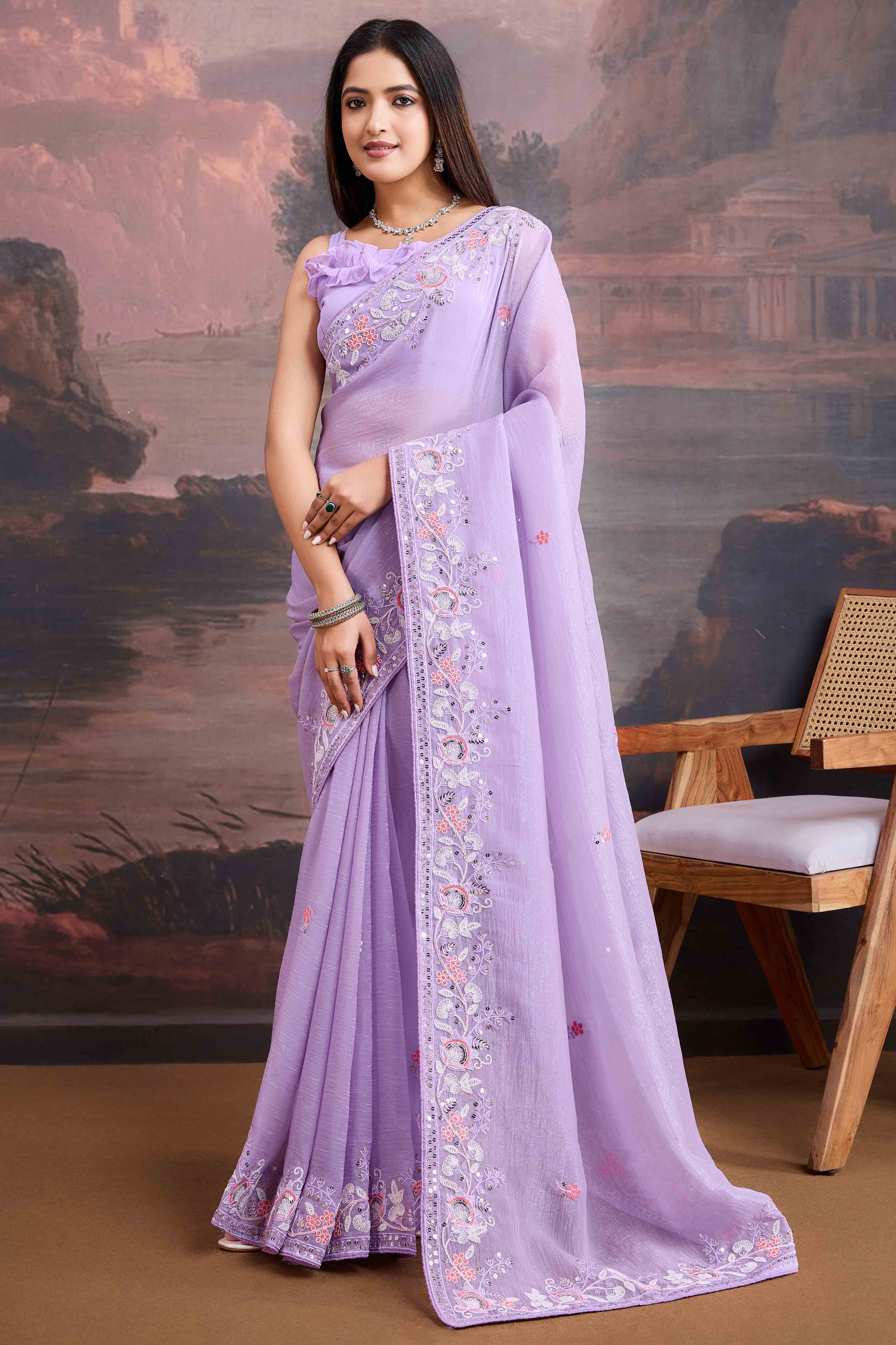 Lavender Floral Sequins Embroidered Organza Saree