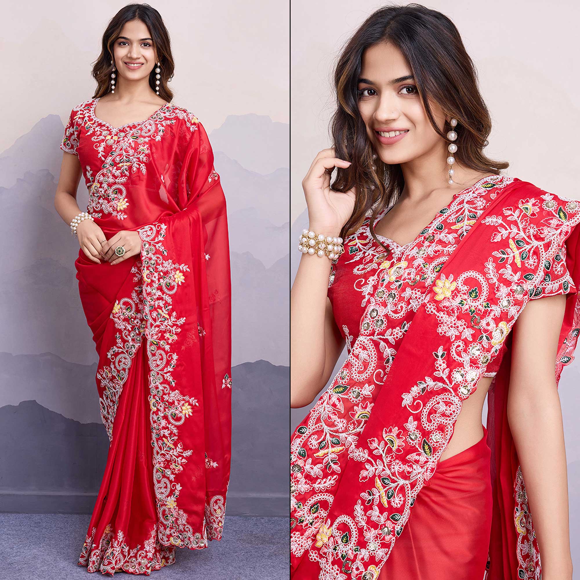 Red Floral Sequins Embroidered Art Silk Saree