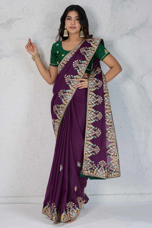 Purple Embroidered Saree with Ethnic Detailing in Georgette Fabric