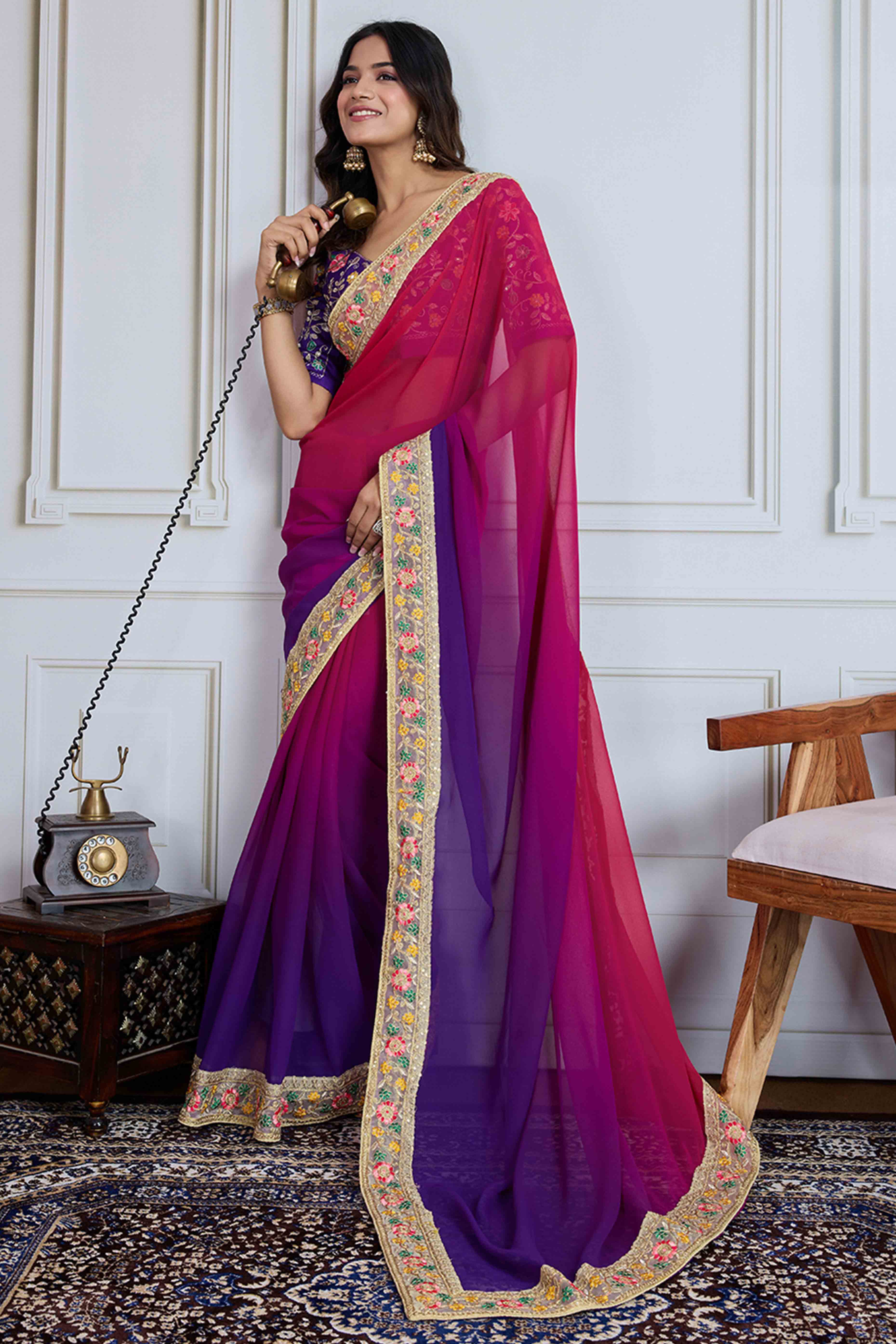 Pink To Purple Georgette Ombre Saree With Intricate Floral Cording Embroidery & Sequin Detailing