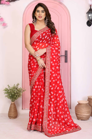 Red Georgette Saree With Bandhani Print & Exquisite Cording Embroidery Border