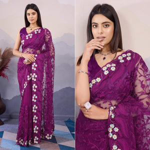 Purple Floral Thread Embroidered Net Saree