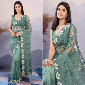 Green Floral Thread Embroidered Net Saree