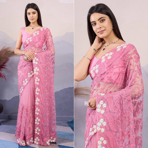 Baby Pink Floral Embroidered Net Saree