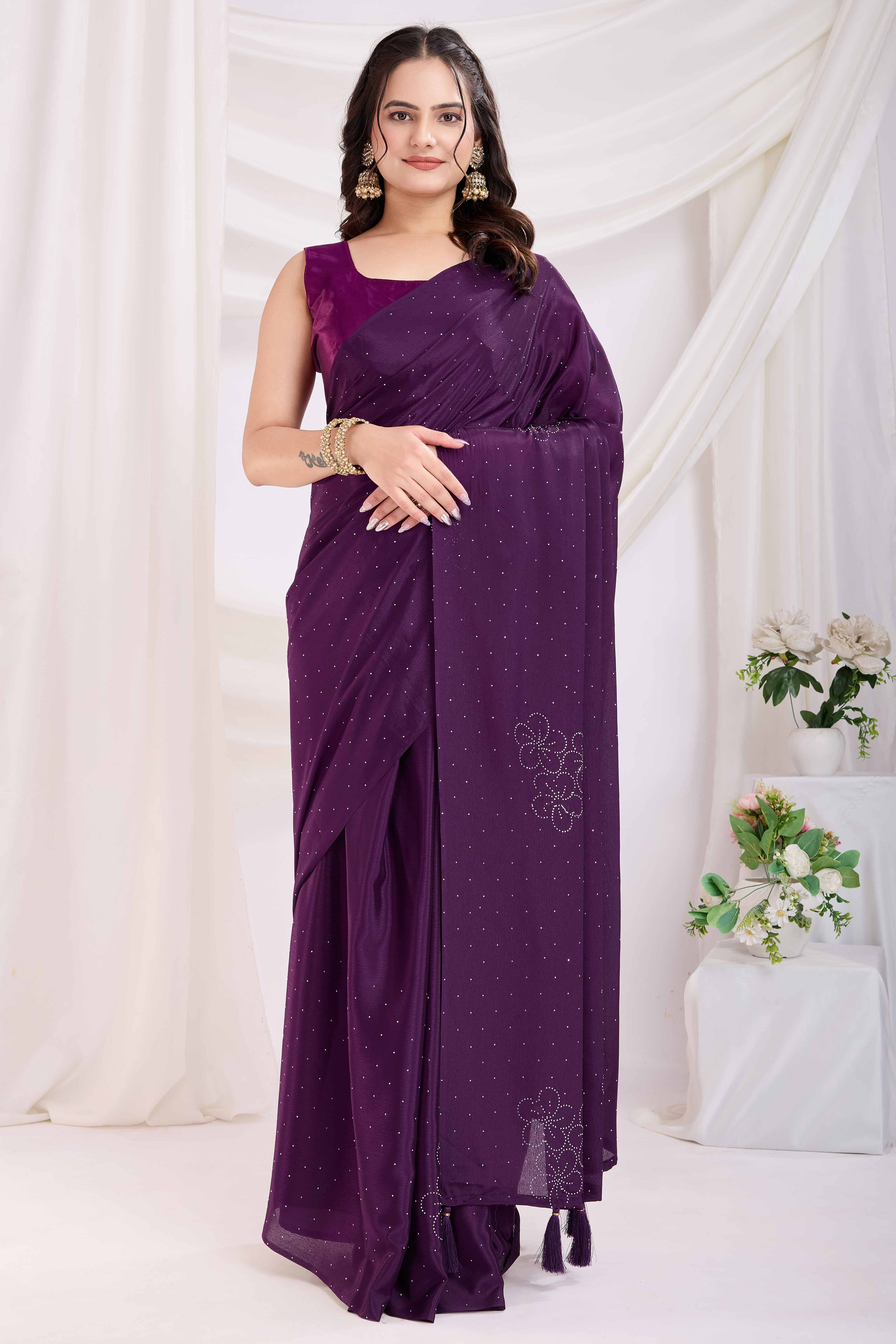 Purple Floral Swarovski Work Rangoli Art Silk Ready To Wear Saree