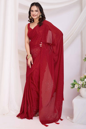 Red Floral Swarovski Work Rangoli Art Silk Ready To Wear Saree