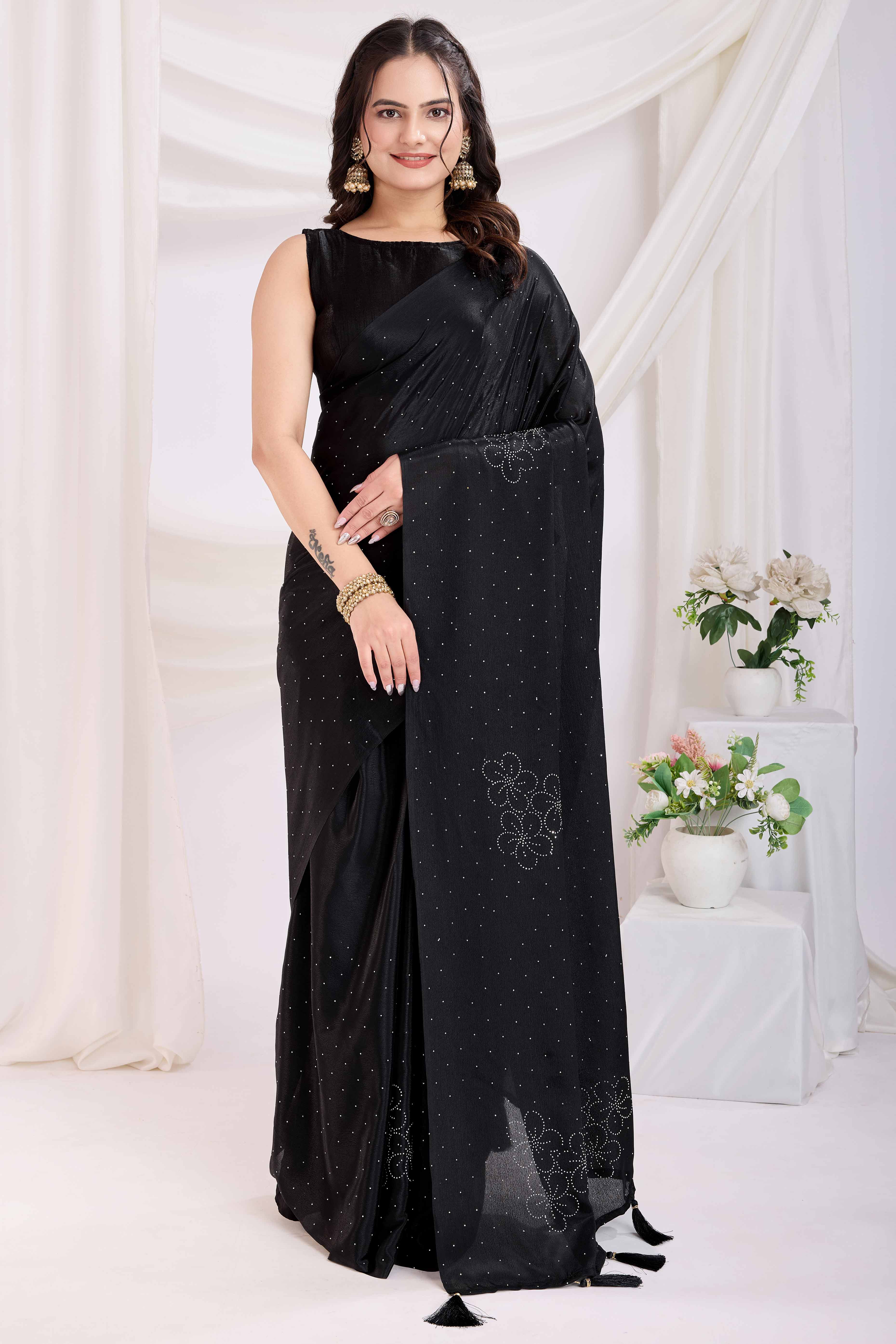 Black Floral Swarovski Work Rangoli Art Silk Ready To Wear Saree