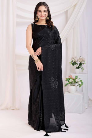 Black Floral Swarovski Work Rangoli Art Silk Ready To Wear Saree
