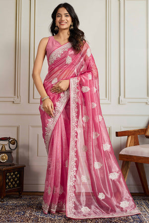 Elegant Pink Floral Cording Embroidered Twill Net Saree With Sequins Detailing