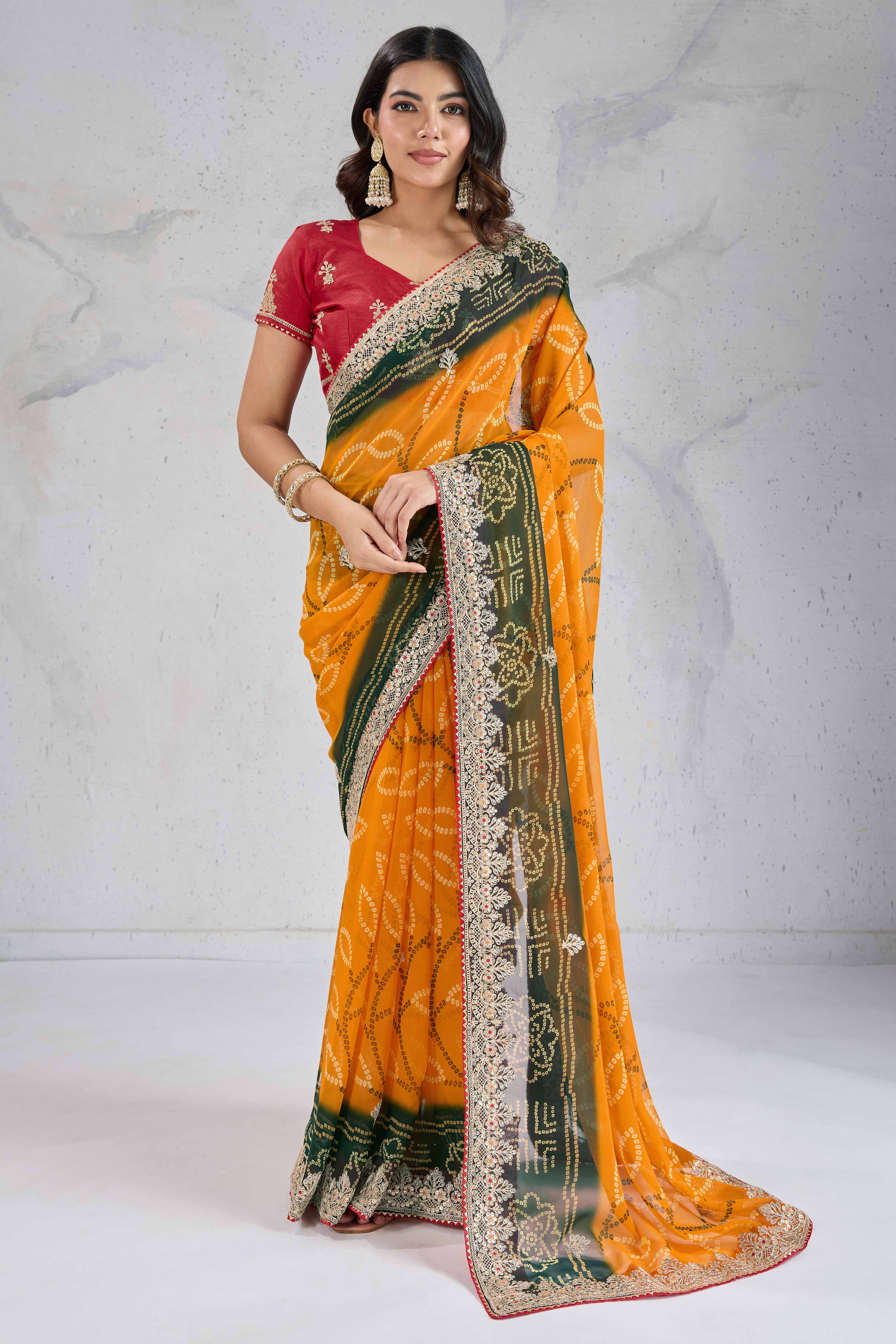 Traditional Bandhani Mustard Georgette Saree with Fine Embroidery