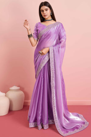 Lavender Solid With Floral Sequins Embroidered Jimmy Choo Tissue Saree