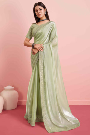 Green Solid With Floral Sequins Embroidered Jimmy Choo Tissue Saree