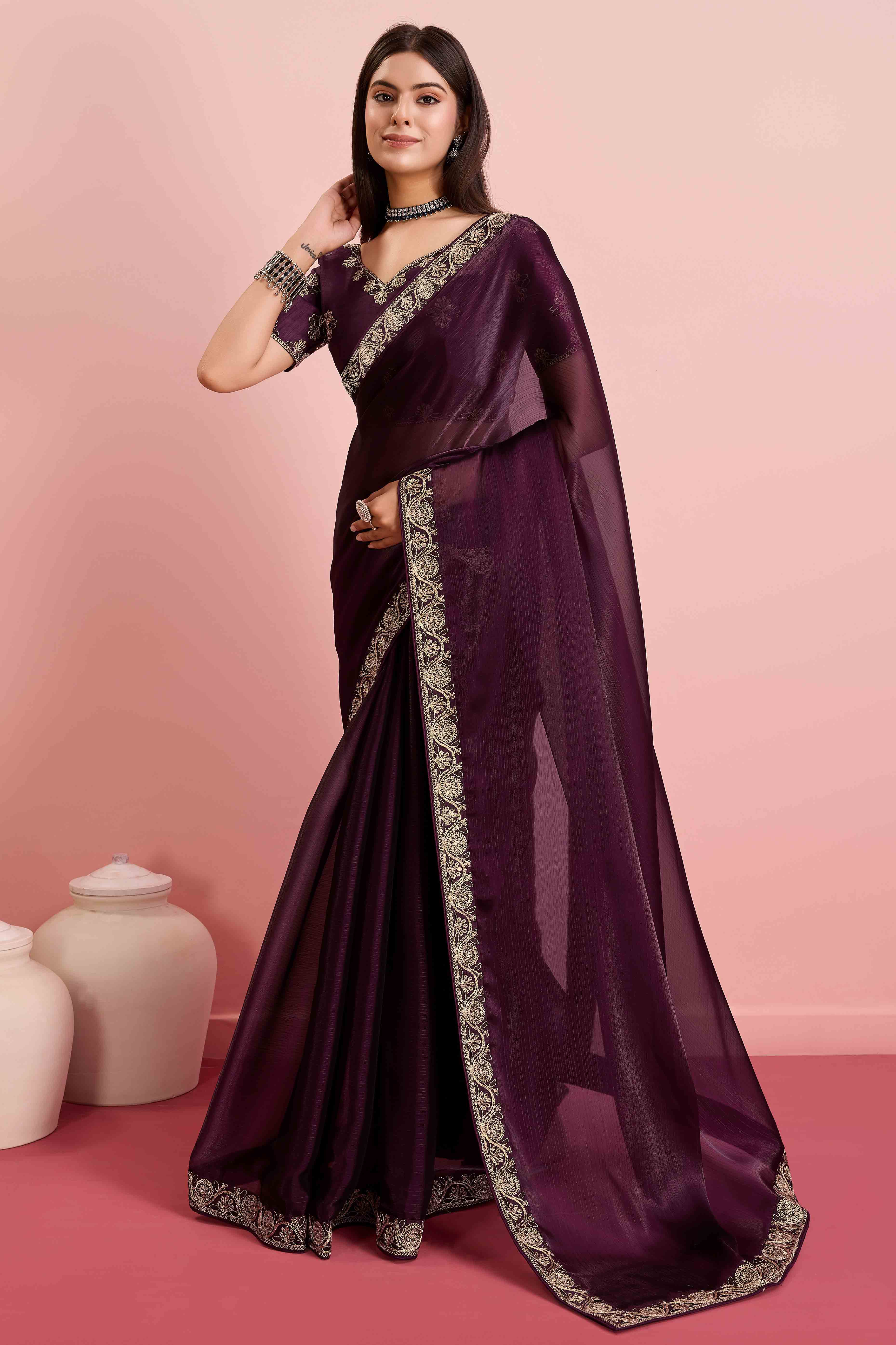 Wine Solid With Sequins Embroidery Border Mulberry Silk Saree