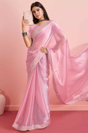 Pink Solid With Sequins Embroidery Border Mulberry Silk Saree