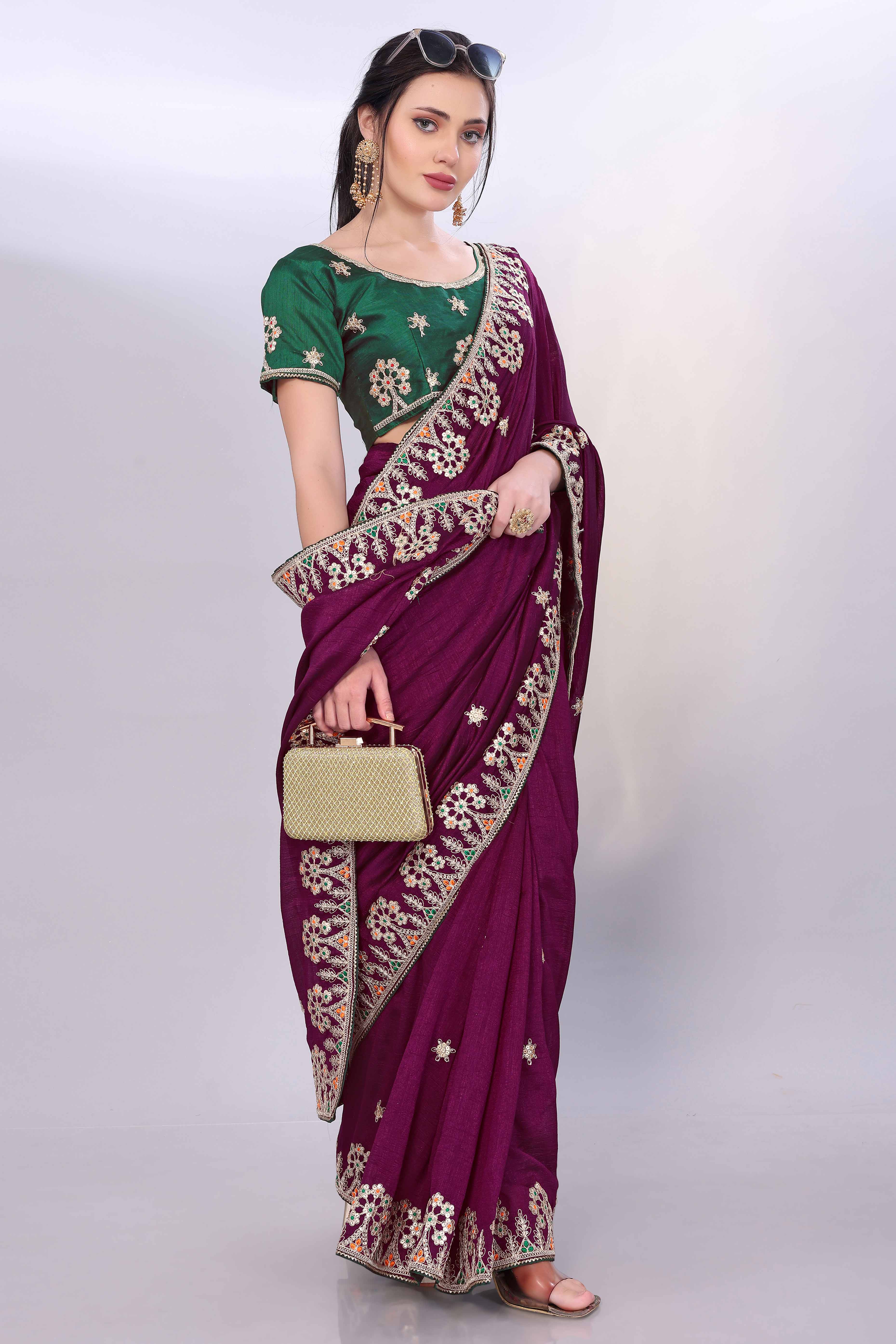 Wine Vichitra Silk Saree Embellished With Floral Cording Embroidery & Sparkling Sequins