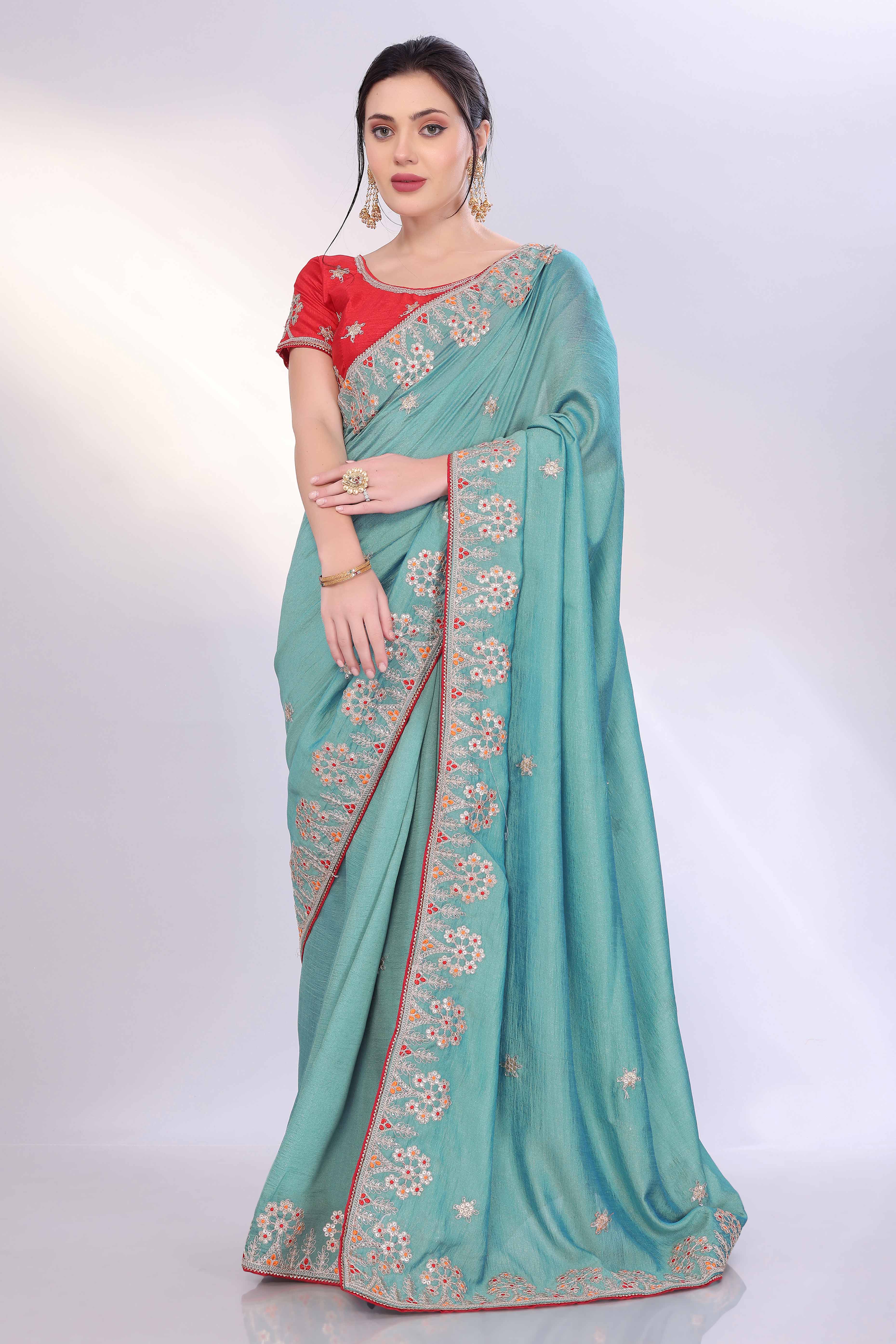 Turquoise Vichitra Silk Saree Embellished With Floral Cording Embroidery & Sparkling Sequins
