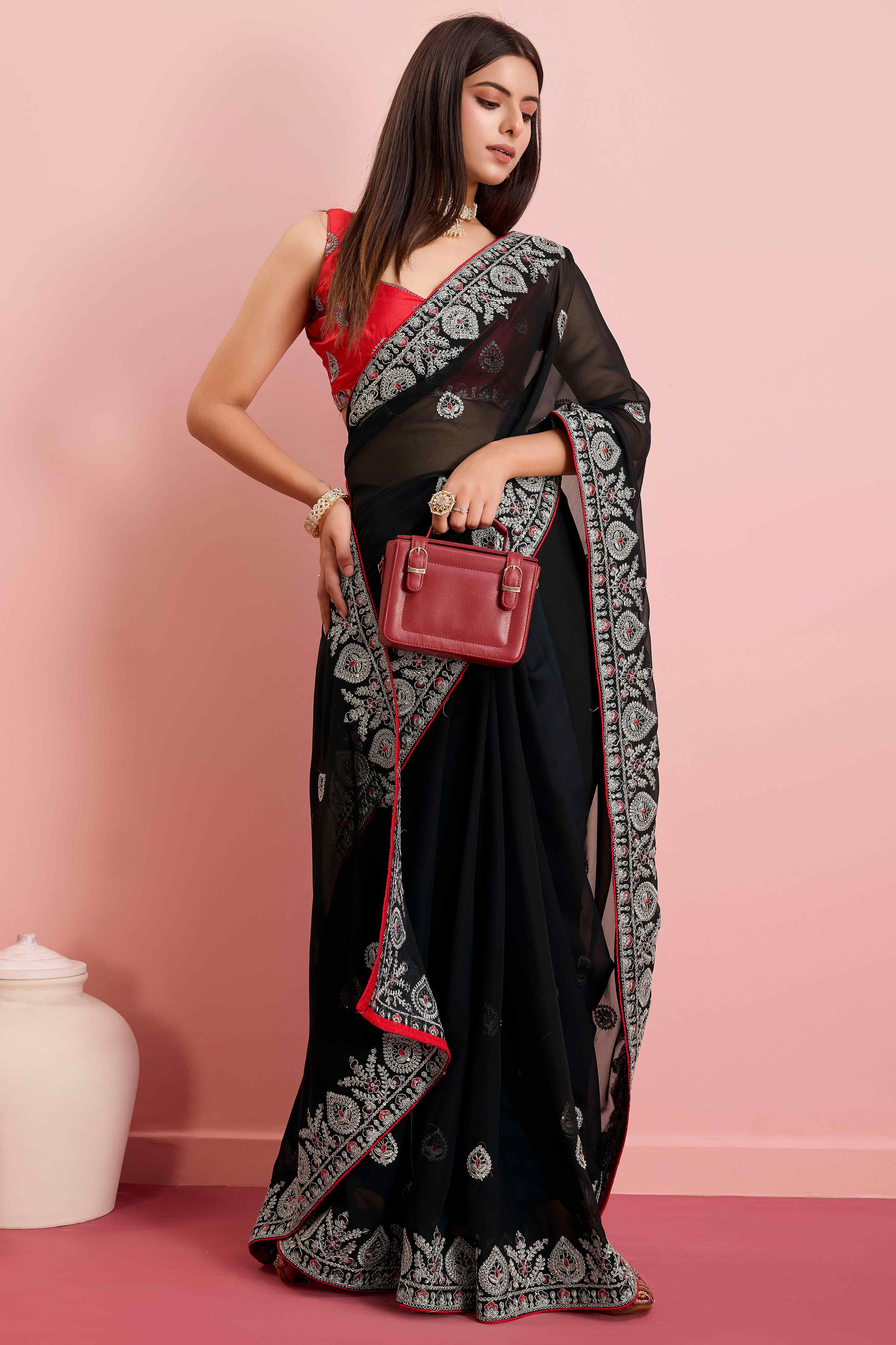 Black Floral Sequins Embroidered Georgette Saree