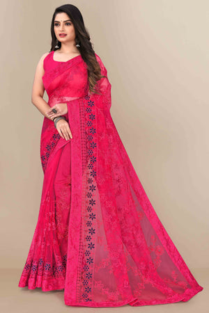 Dark Pink Party Wear Net Saree Featuring Rich Floral Embroidery